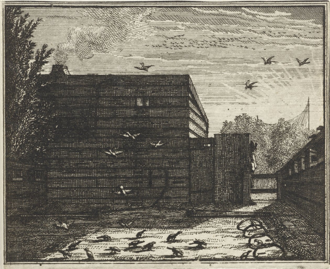 Mann bak et gjerde ved en fuglefelle av Vincent Laurensz. van der Vinne (II)