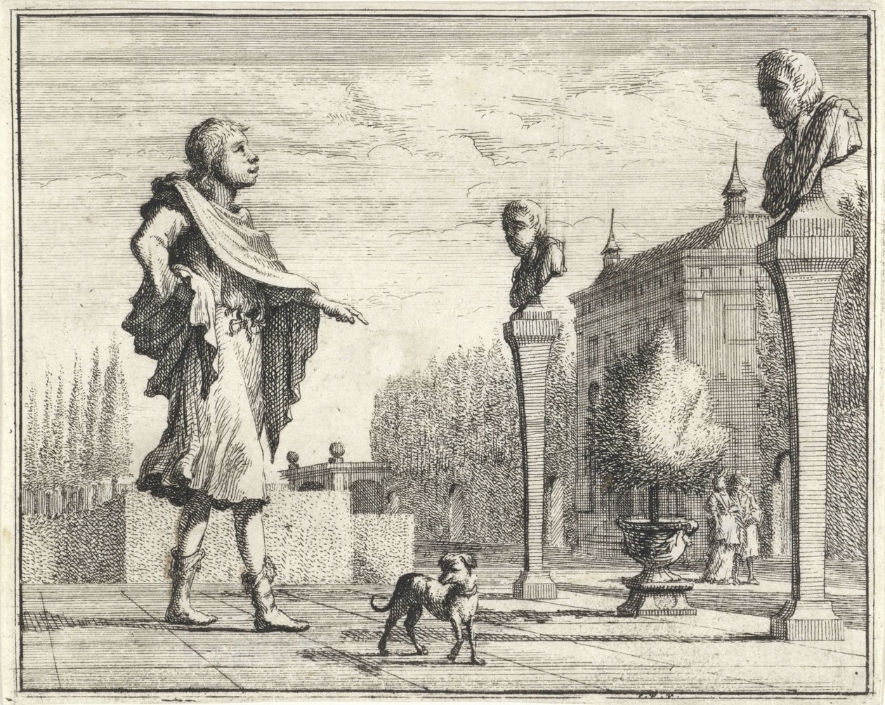 Mann med to hermes i formell hage av Vincent Laurensz. van der Vinne (II)