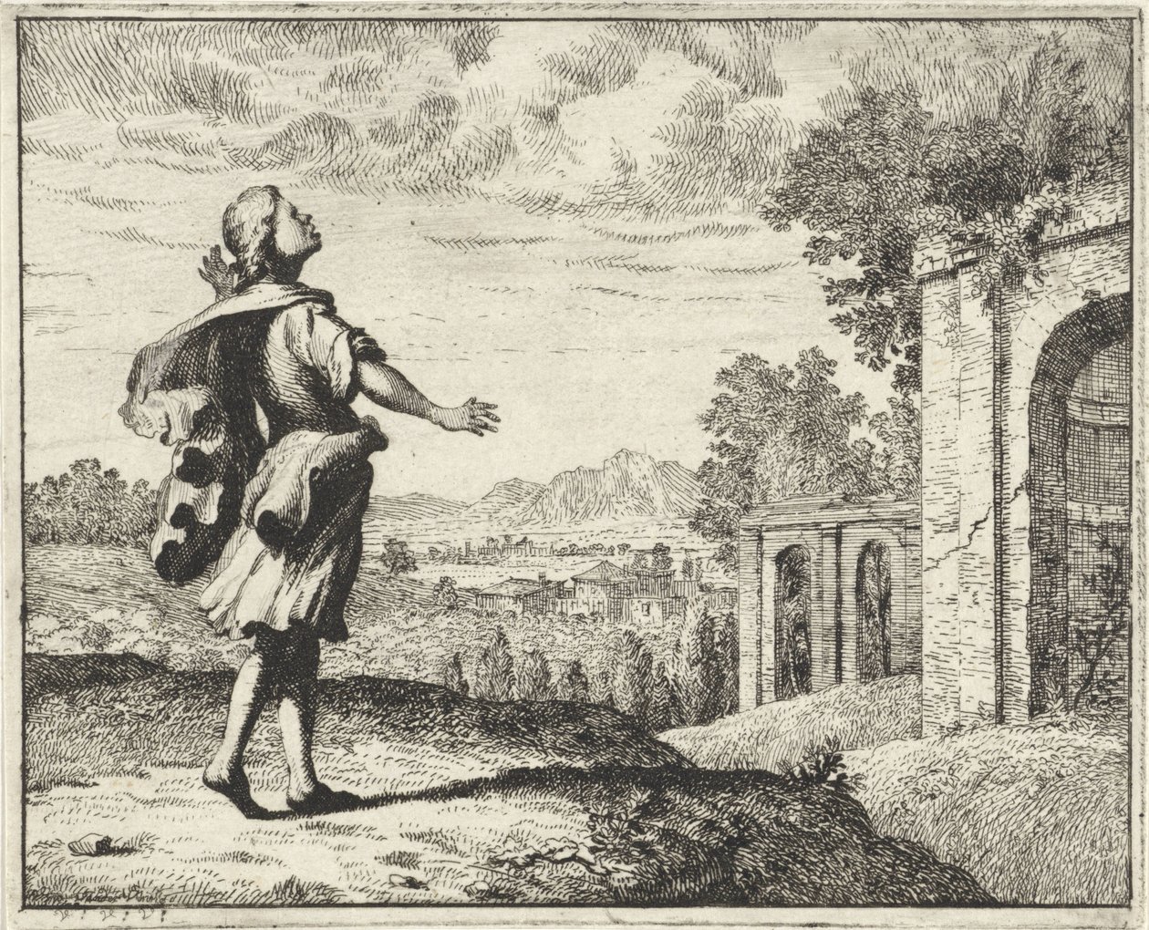 Mann i et landskap ser opp til himmelen av Vincent Laurensz. van der Vinne (II)