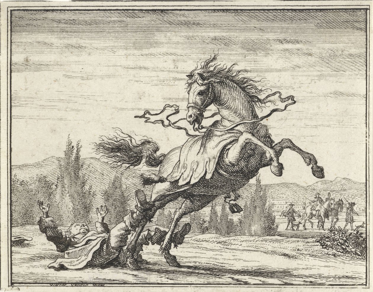 Mann faller av hesten av Vincent Laurensz. van der Vinne (II)