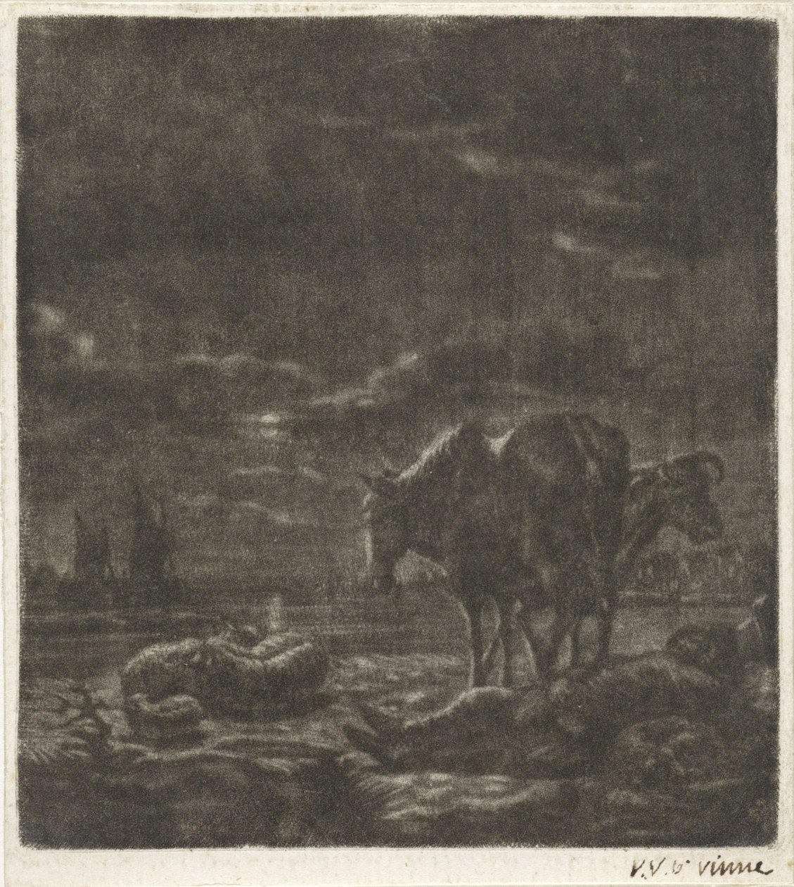 Nattlandskap med sovende gjeter og storfe av Vincent Laurensz. van der Vinne (II)