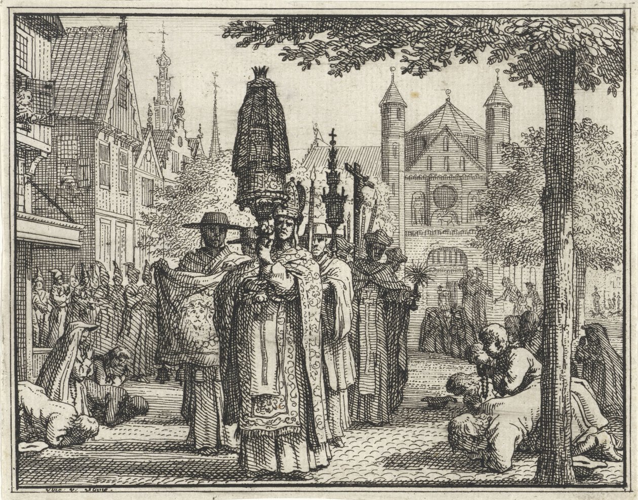 Prosesjon med en statue gjennom en gate av Vincent Laurensz. van der Vinne (II)