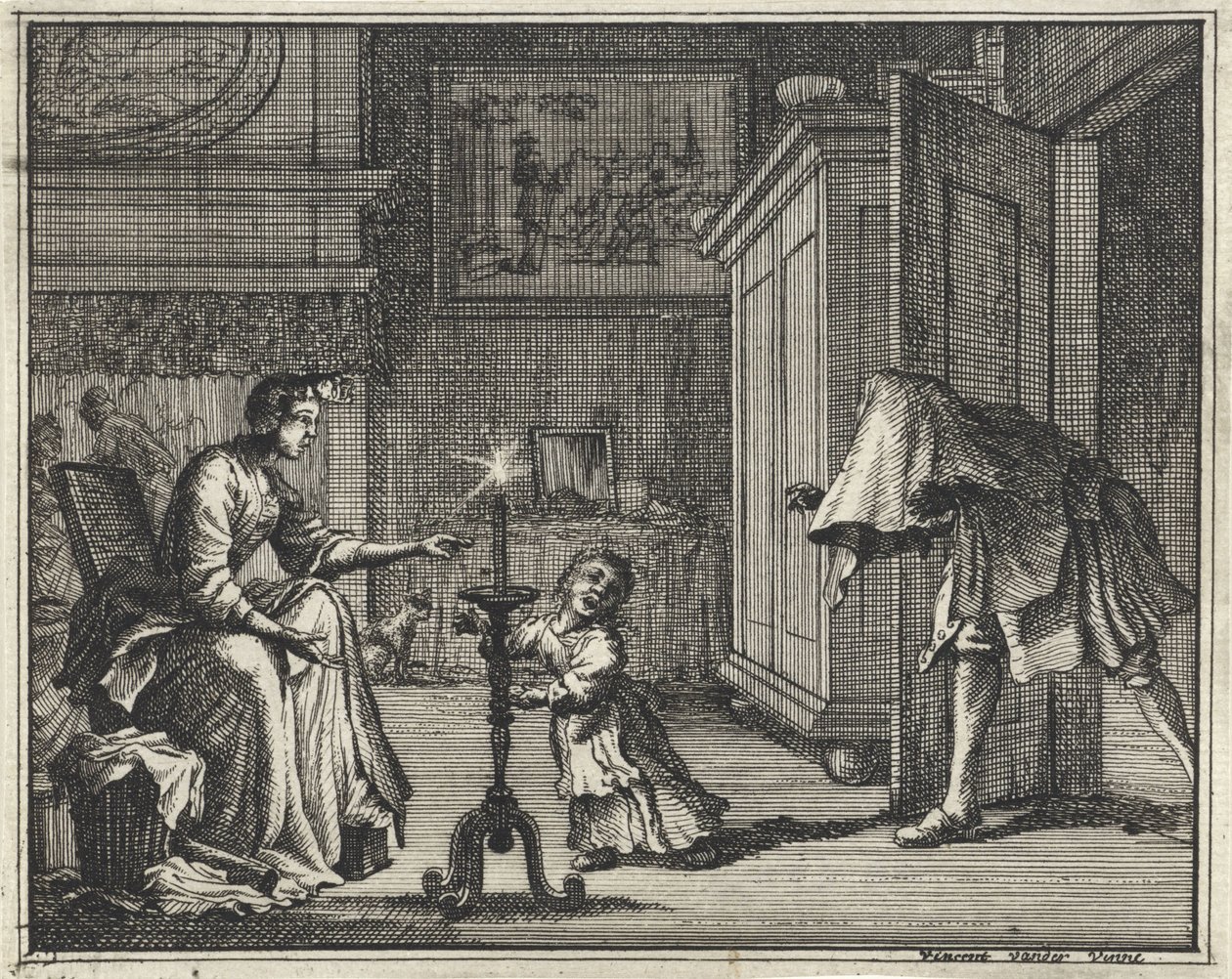 Far skremmer et barn i et interiør av Vincent Laurensz. van der Vinne (II)