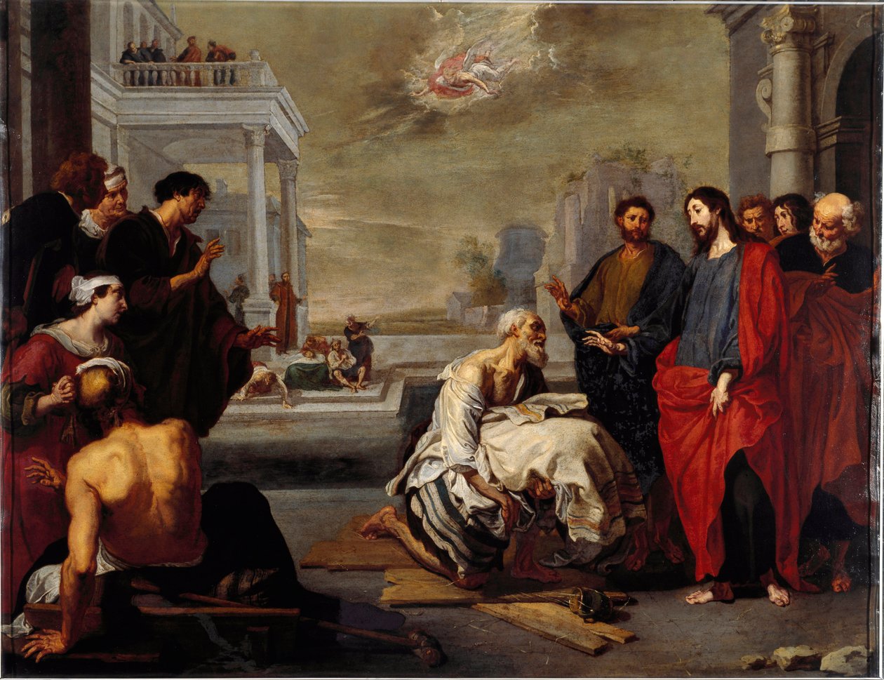 Jesus bekymret mirakuløst en lammet ved Capharnaum Painting av Vincent Malo (ca. Genes, Nasjonalgalleriet i Palazzo Spinola Italia av Vincent Malo