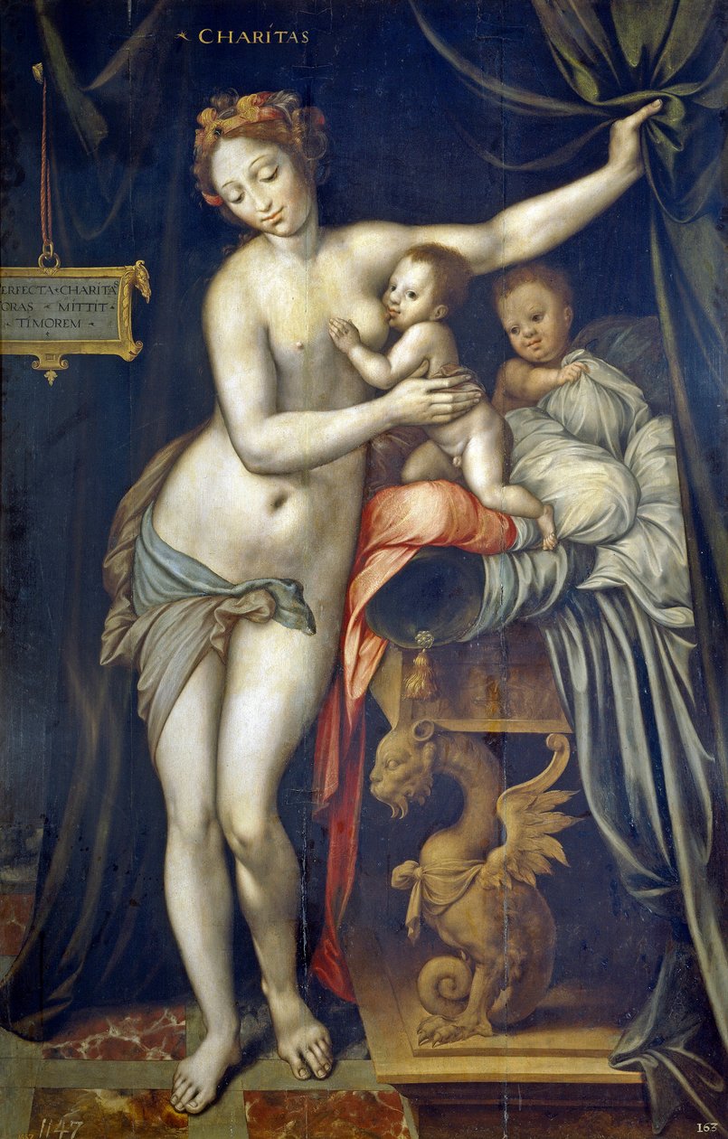 Charity av Vincent Sellaer (1490-1564), ca 1555 - Olje på tre av Vincent Sellaer