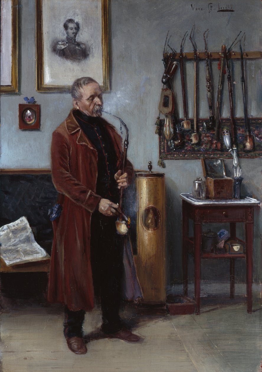 Mann med merskumpipe i interiør (olje på lerret) av Vincent Stoltenberg Lerche