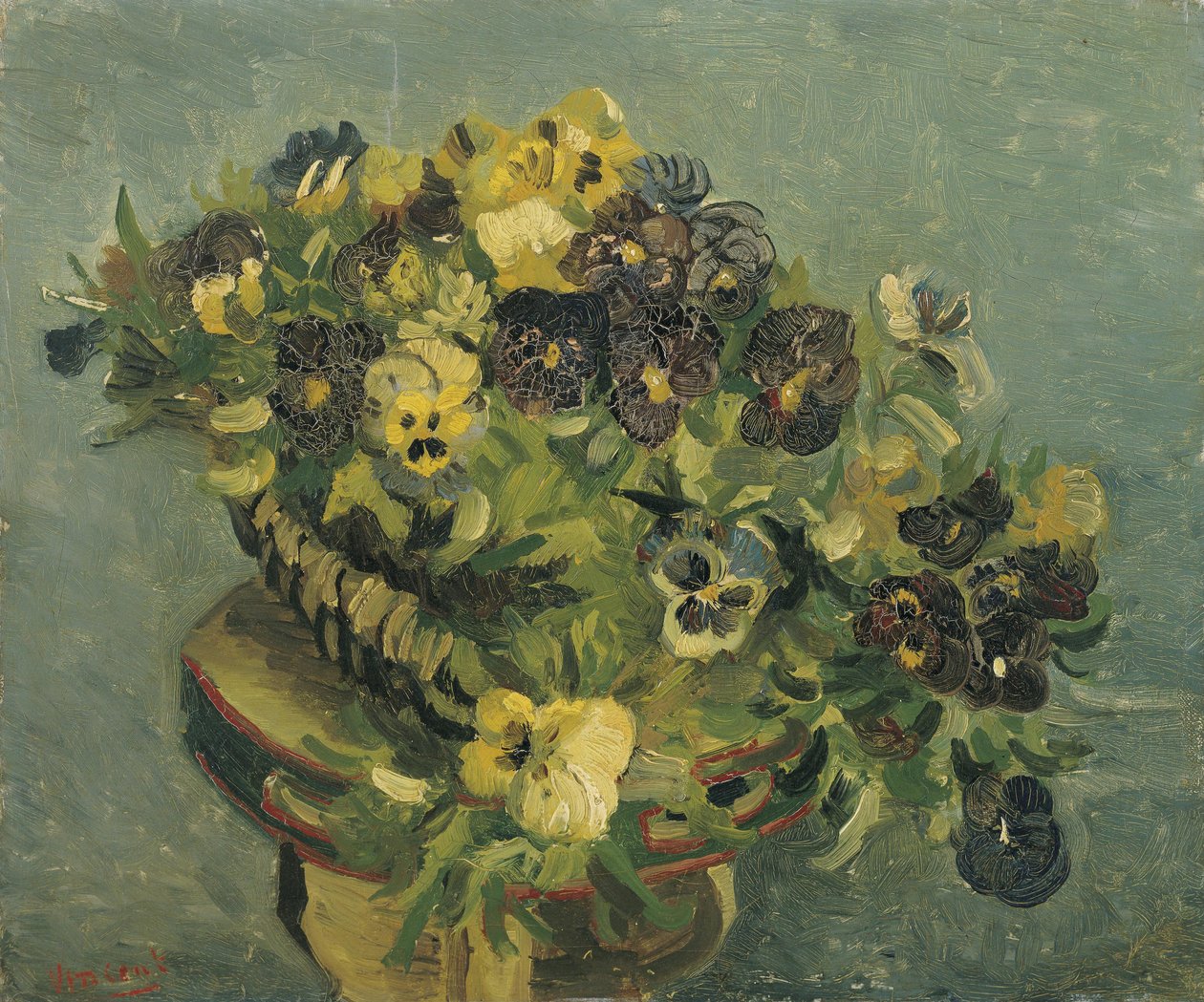 Kurv med stemorsblomster på et lite bord av Vincent van Gogh