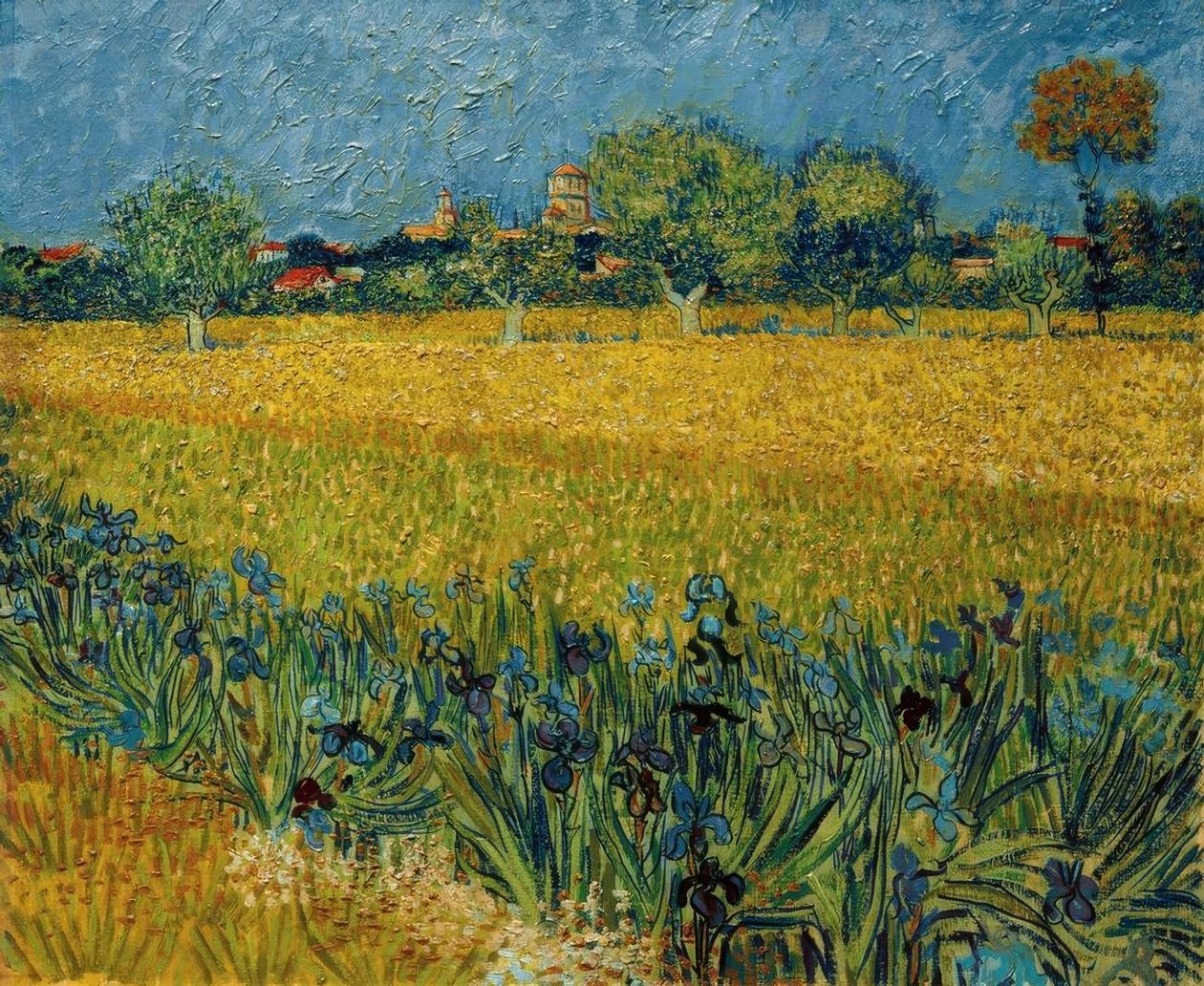 Utsikt over Arles med irisblomster i forgrunnen av Vincent van Gogh