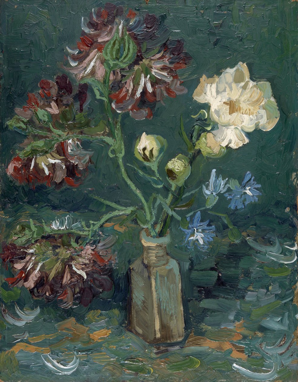 Flaske med peoner og blå delphiniums av Gogh, Vincent, van (1853-1890). Olje på papp, størrelse: 34,5x27 av Vincent van Gogh