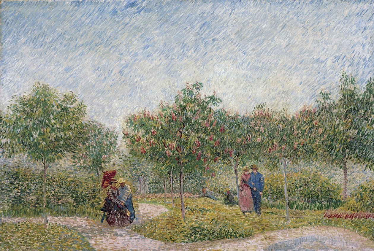 „„Couple d’amoureux dans le square saint-Pierre de Montmartre, Paris”” (Grădina din Montmartre cu îndrăgostiți) Pictură de Vincent van Gogh (1853-1890) 1887 Dim 75 X 112,5 cm Muzeul Van Gogh, Amsterdamnorvegian av Vincent van Gogh