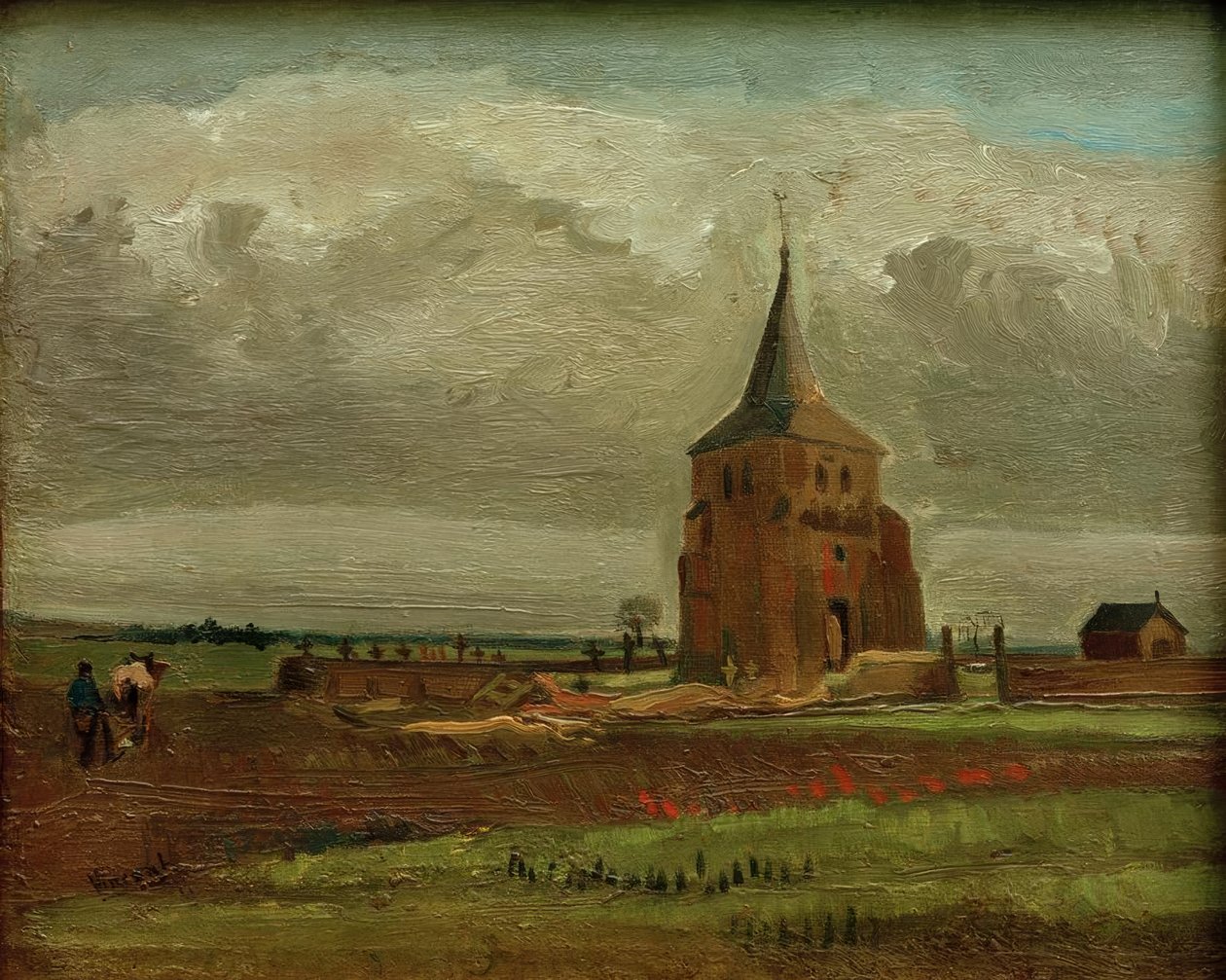Det gamle kirkegårdstårnet i Nuenen med en pløyende bonde av Vincent van Gogh