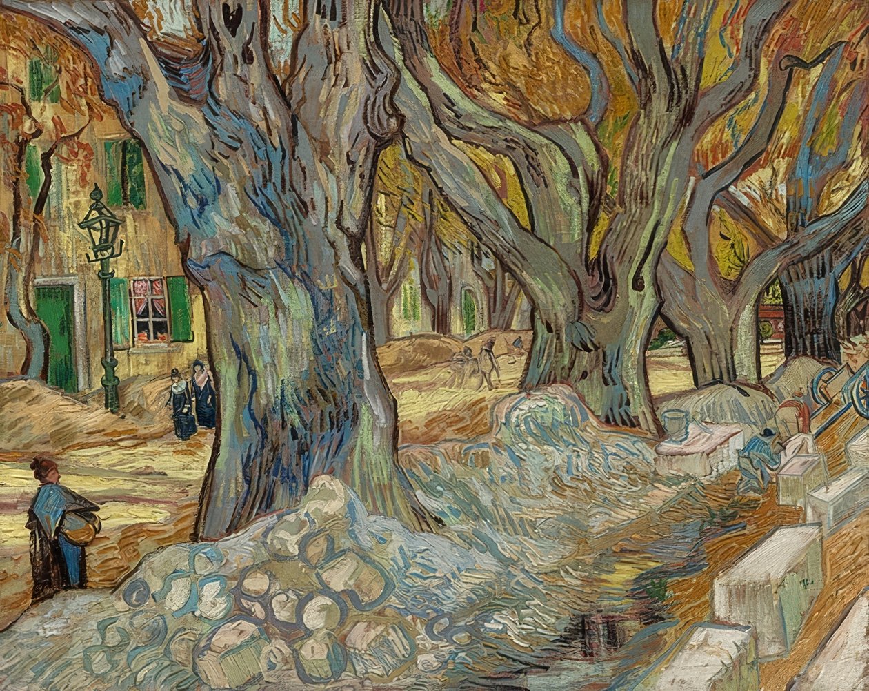 De store platantrærne (veiarbeidere i Saint-Rémy). 1889 av Vincent van Gogh
