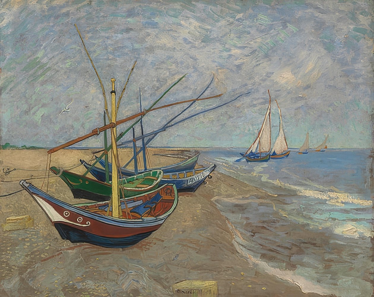 Fiskebåter på stranden ved Les Saintes-Maries-de-la-Mer. Arles, juni 1888 av Vincent van Gogh