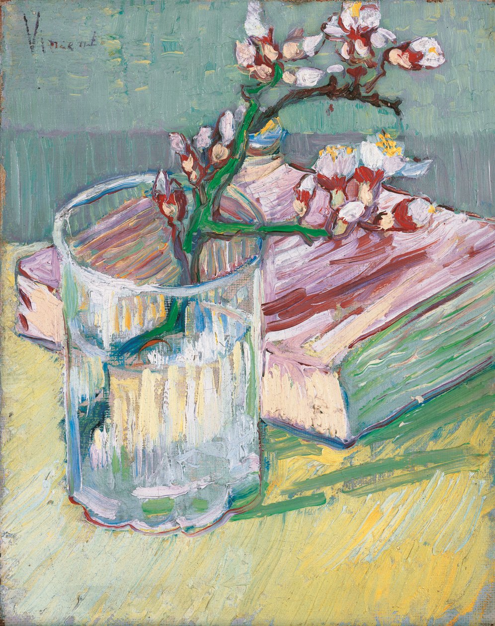Blomstrende mandelgren i et glass med en bok, 1888 av Vincent van Gogh