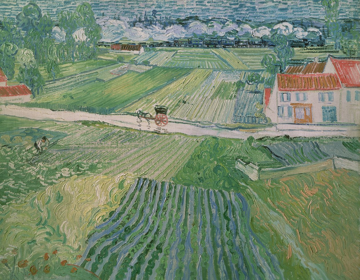 Landskap ved Auvers etter regn (Landskap med vogn og tog) av Vincent van Gogh