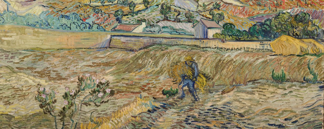 Landskap ved Saint-Rémy (inngjerdet åker med bonde) av Vincent van Gogh