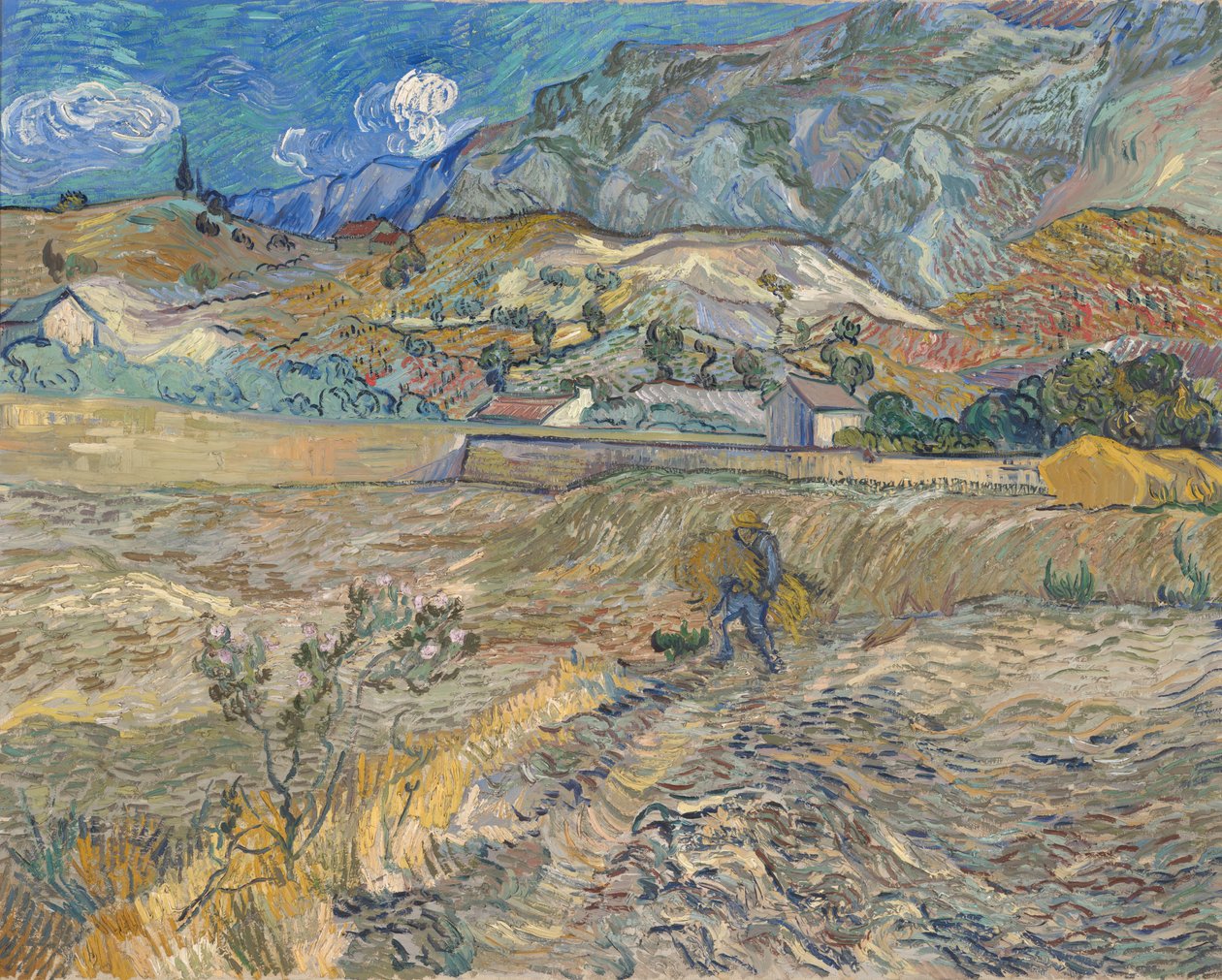 Landskap ved Saint-Rémy (innelukket mark med bonde) av Vincent van Gogh