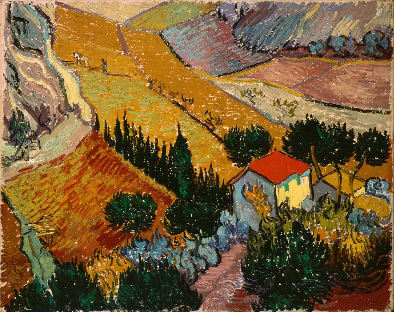 Landskap med hus og plogmann av Vincent van Gogh