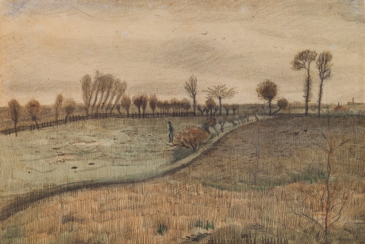 Landskap med styvede piletrær (verso: figur i et landskap) av Vincent van Gogh