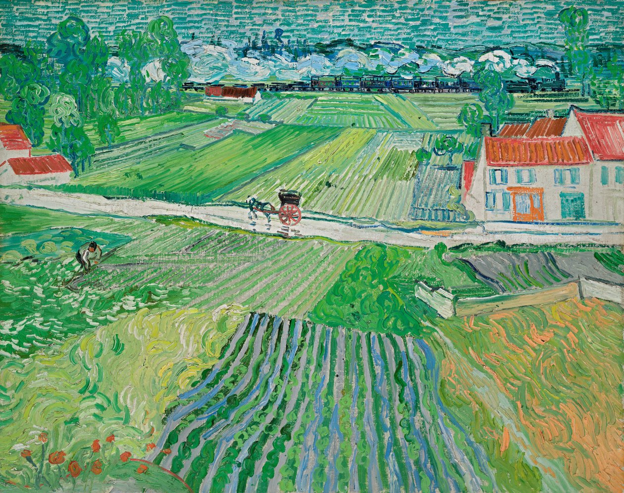 Landskap med en vogn og et tog av Vincent van Gogh