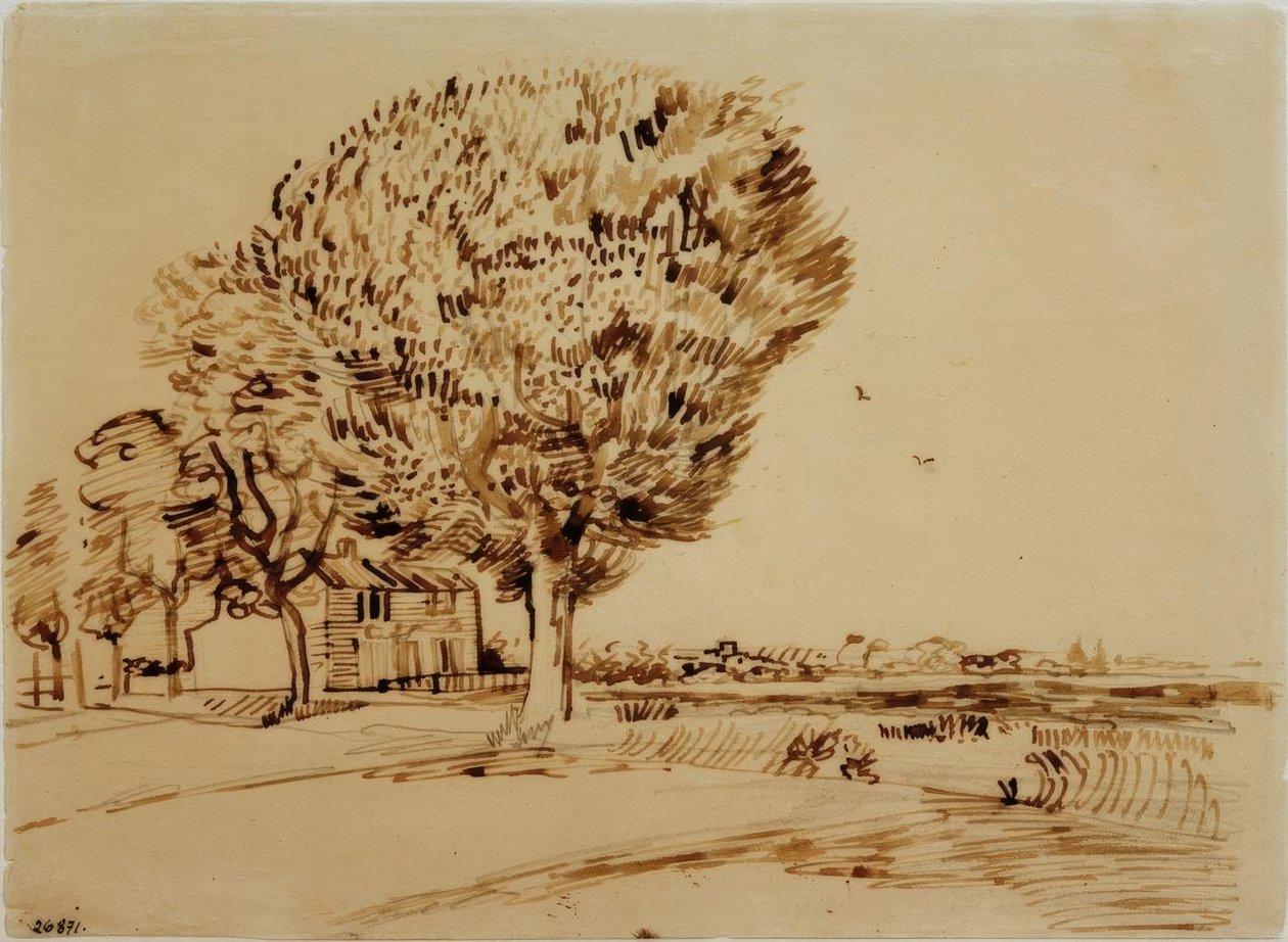 Landskap med hus og trær av Vincent van Gogh