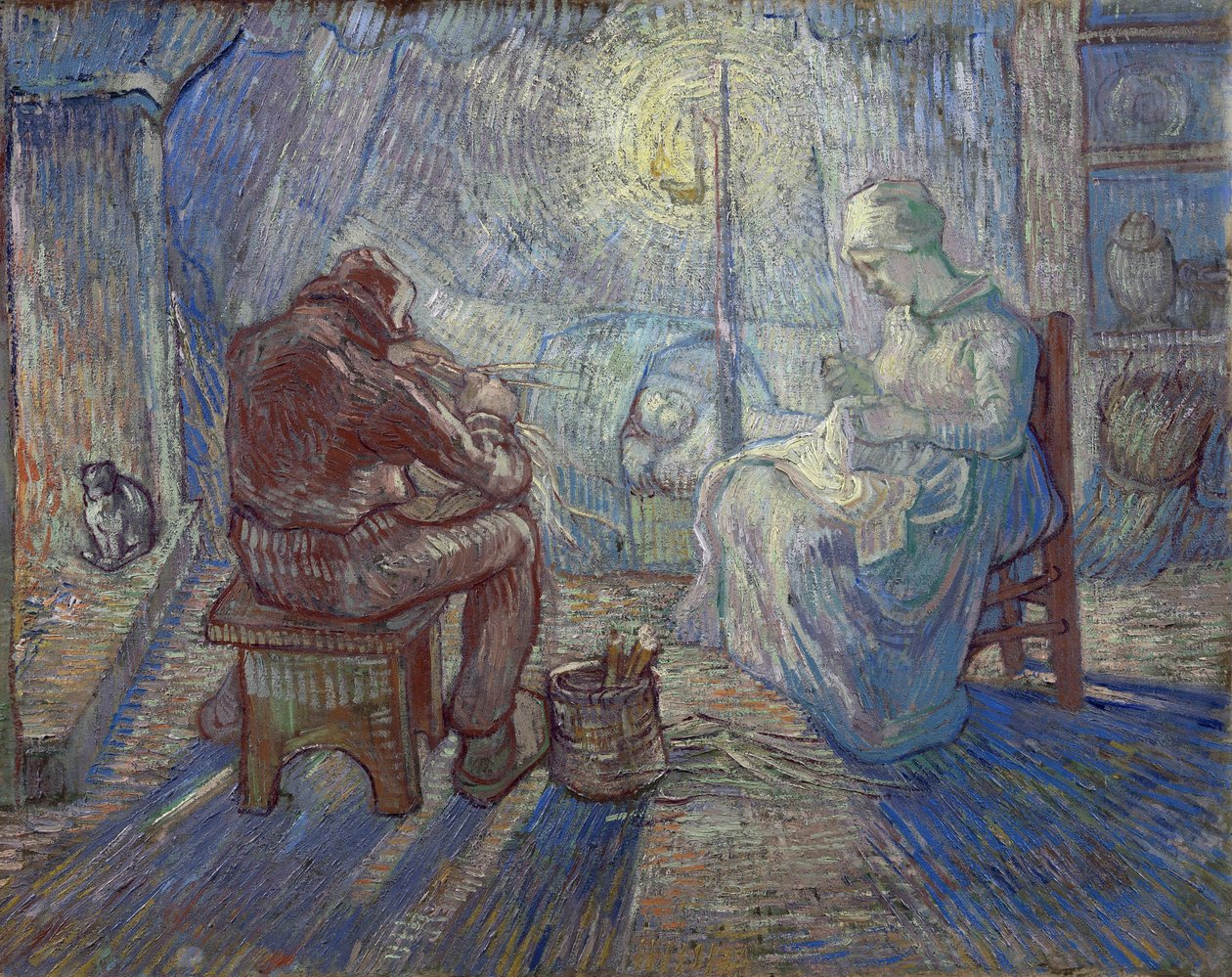 "Natt" (natt) bondefamilie i et interiør - Maleri av Vincent van Gogh (1853-1890) etter Millet av Vincent van Gogh