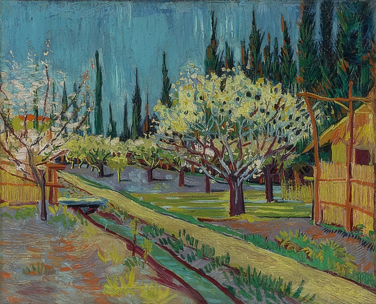 Frukthage omgitt av sypresser. 1888 av Vincent van Gogh