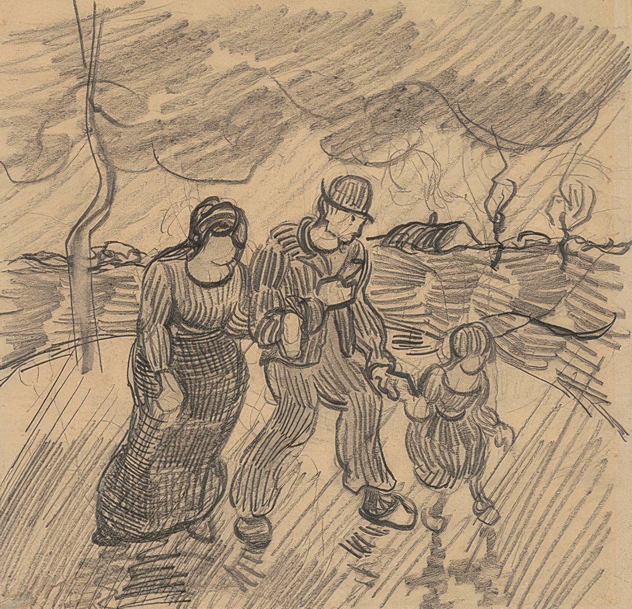 Par med barn på en gate i regnet. 1890 av Vincent van Gogh