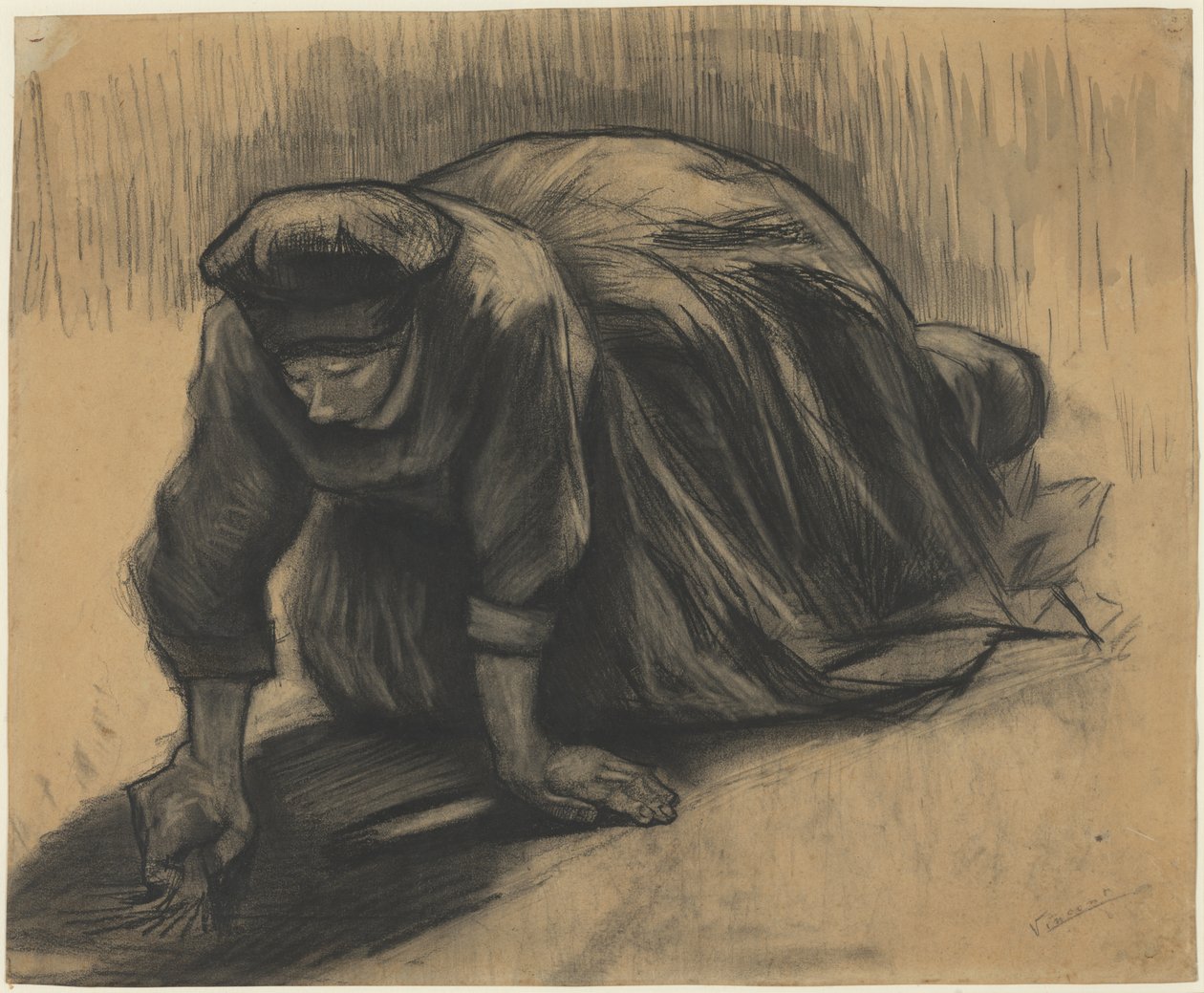Knælende bondekvinne som trekker opp gulrøtter av Vincent van Gogh
