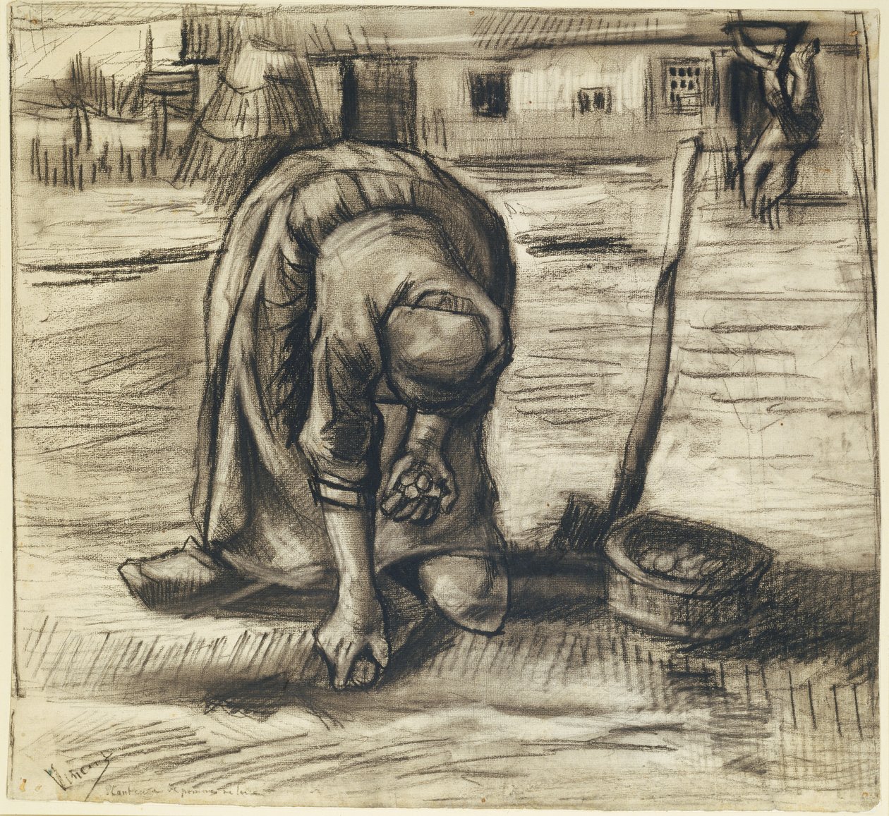Bondekvinne som planter poteter, ca. 1885 (svart kritt og kull på papir) av Vincent van Gogh