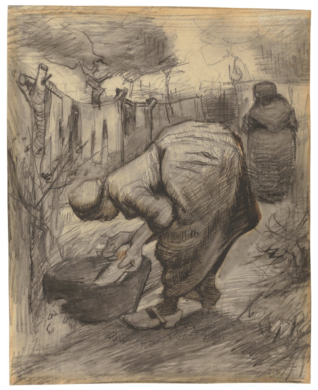 Bonde med vaskeservant i en hage; Bondekvinne med basseng i en hage, 1885 av Vincent van Gogh