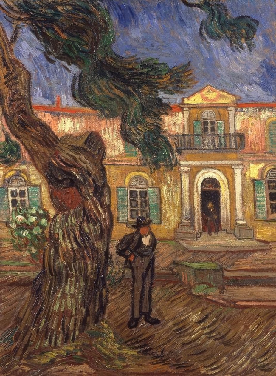 Furutre og figur foran Saint-Paul Hospital av Vincent van Gogh