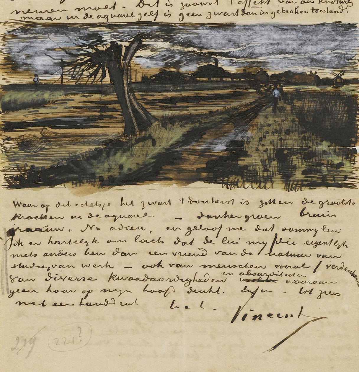 Pollard Willown (saule tetard). Brev til Theo van Gogh par Gogh, Vincent, van (1853-1890). Akvarell, Gouache på papir av Vincent van Gogh