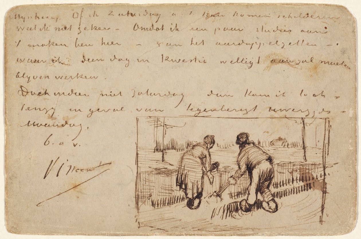 Postkort med to bønder som graver, 1885 (penn og brunt blekk på et postkort) av Vincent van Gogh