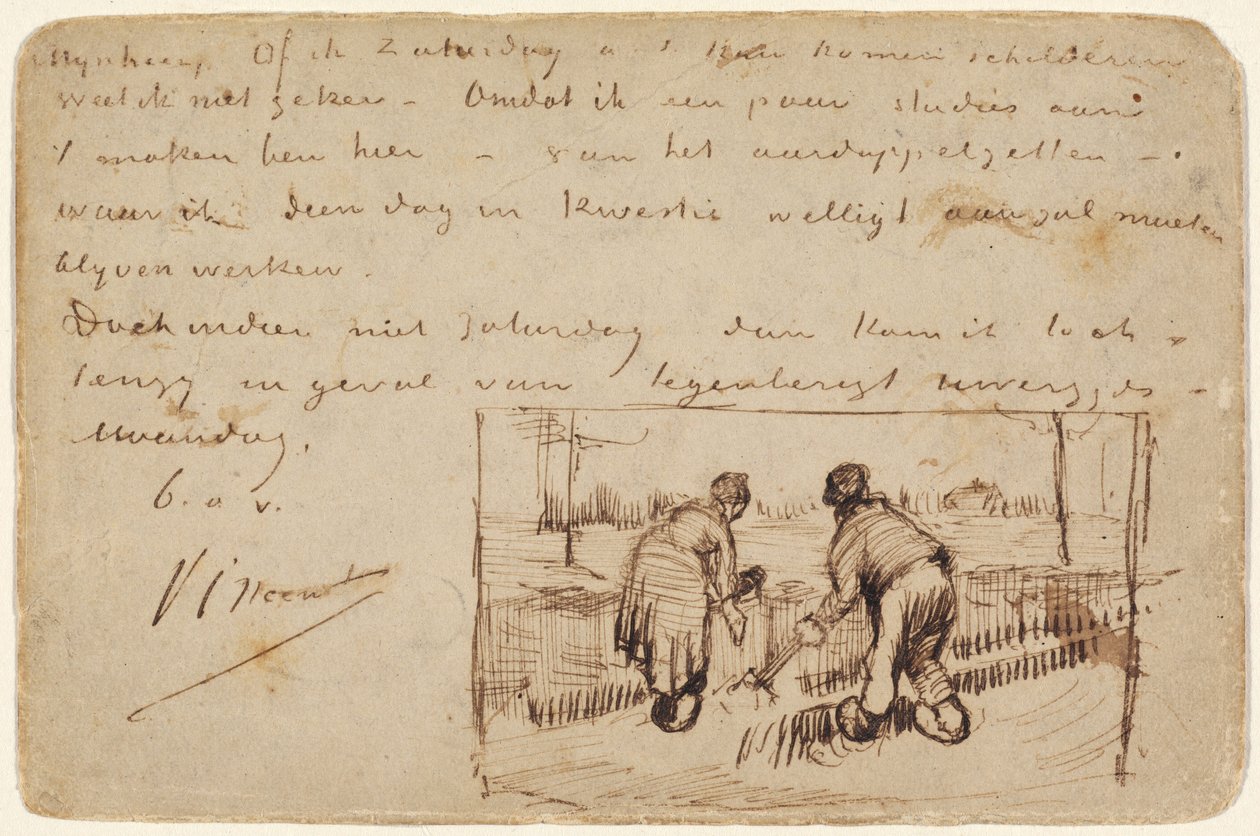Postkort med to bønder som graver, 1885. av Vincent van Gogh