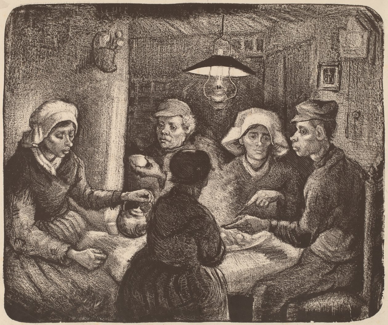 Potetspisere, 1885 (litografi i mørkebrunt) av Vincent van Gogh