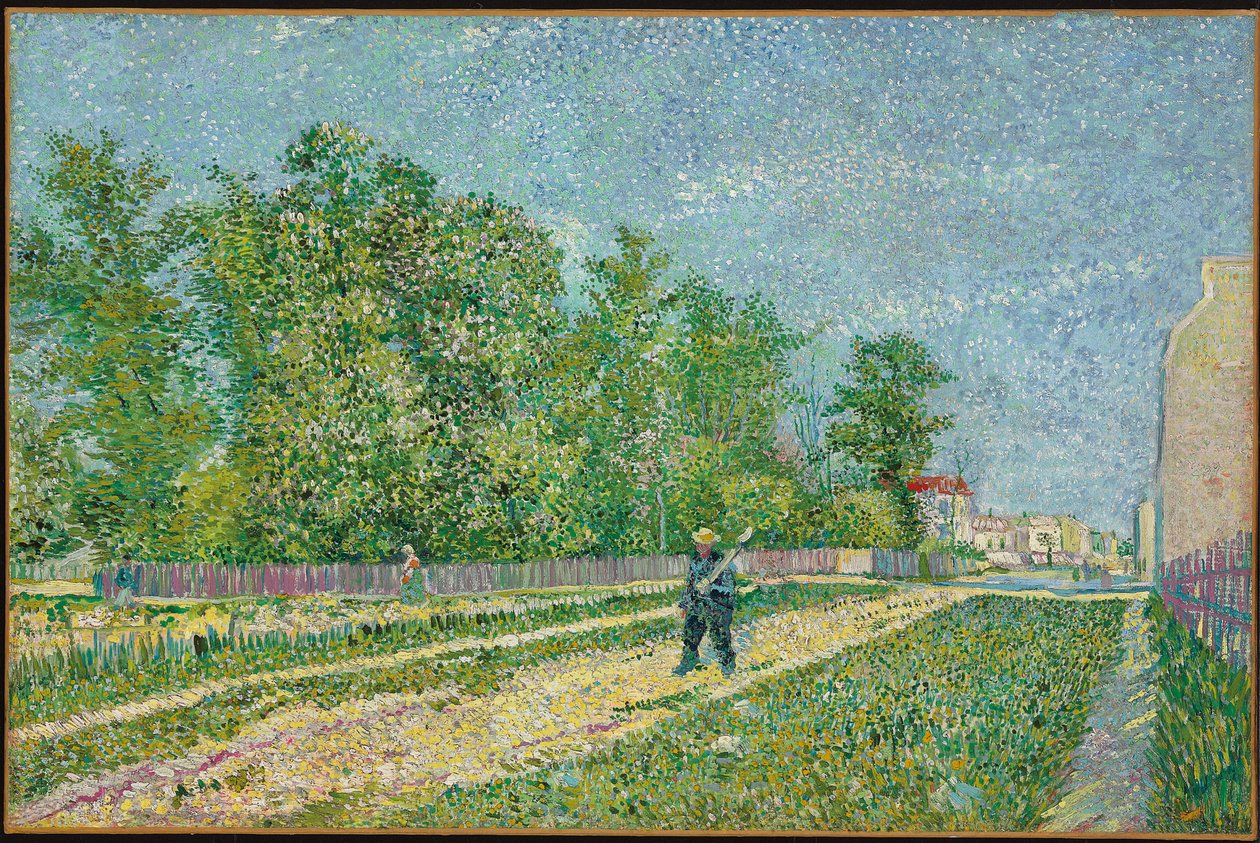 Vei i utkanten av Paris, bonde som bærer en spade på skulderen, 1887 av Vincent van Gogh