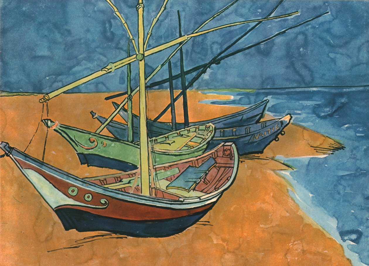 Seilbåter på stranden ved Les Saintes-Maries, juni 1888, 1947. av Vincent van Gogh