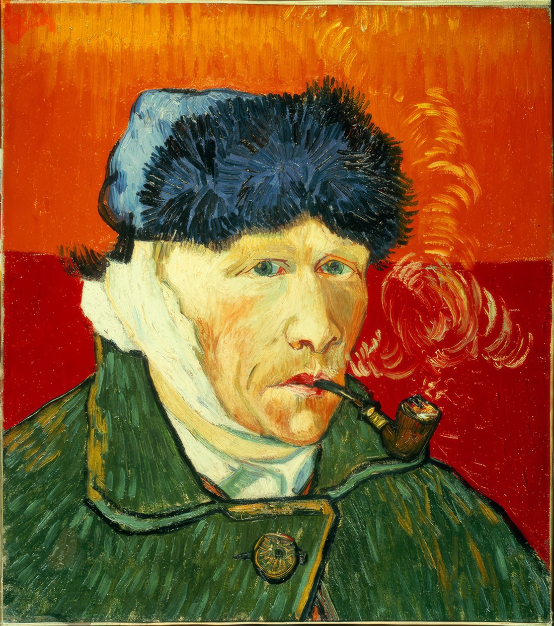 Selvportrett med pelslue, bandasjert øre og tobakkspipe av Vincent van Gogh