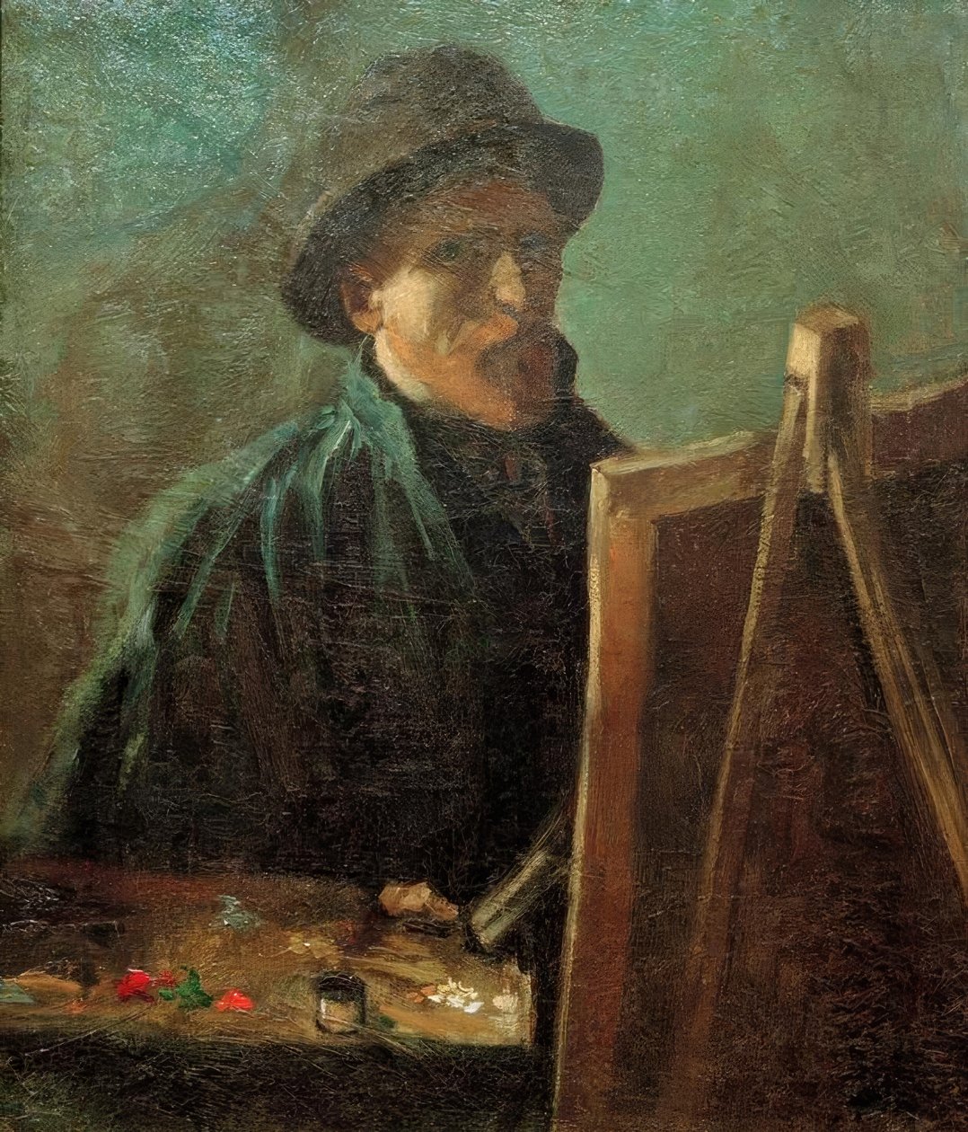 Selvportrett med mørk pelslue foran staffeliet av Vincent van Gogh
