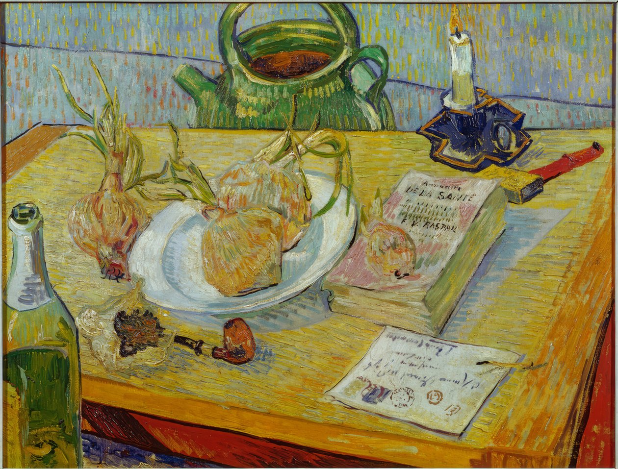 Stilleben med tegnebrett, pipe, løk og tetningsvoks av Vincent van Gogh