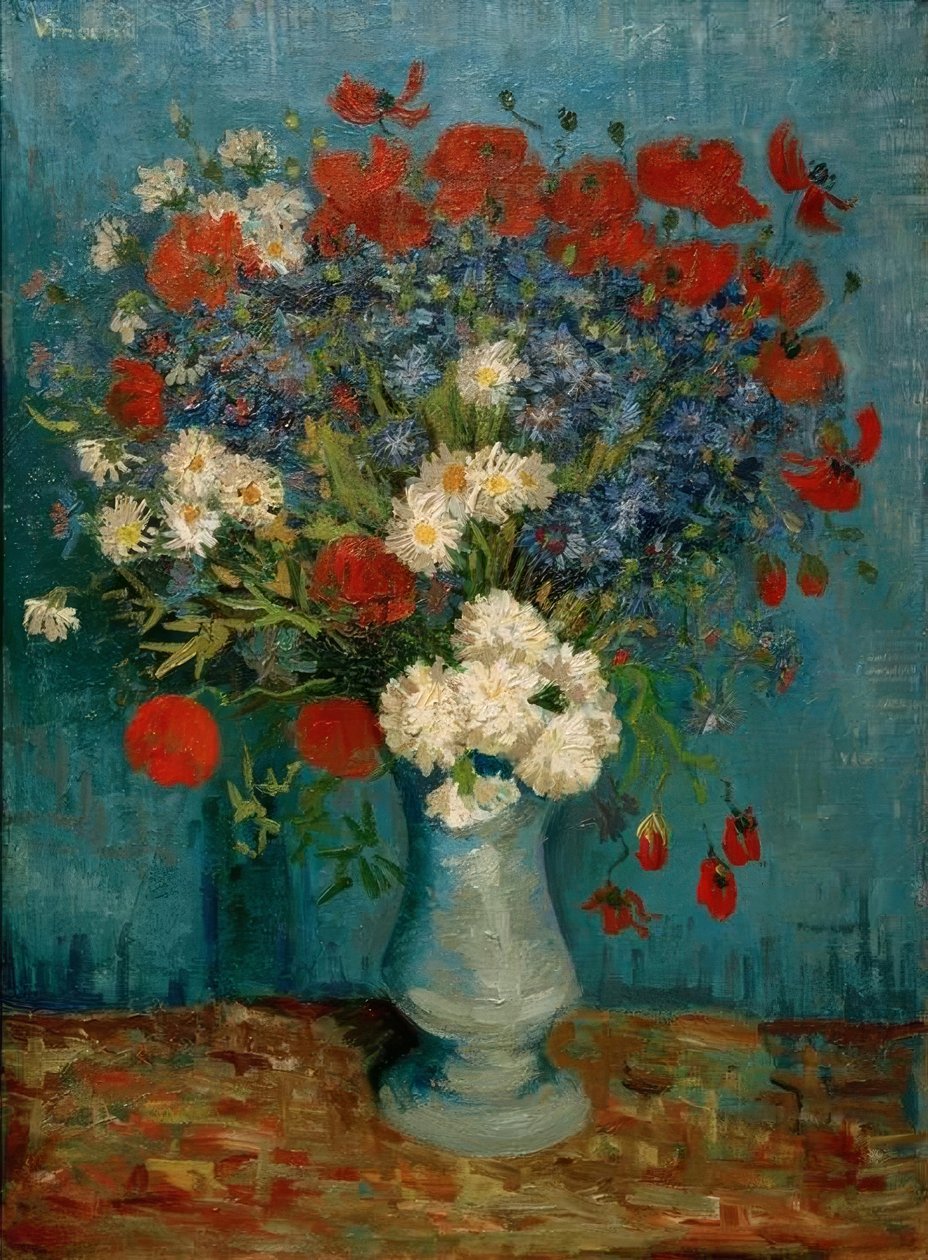 Stilleben: vase med kornblomster og valmuer av Vincent van Gogh