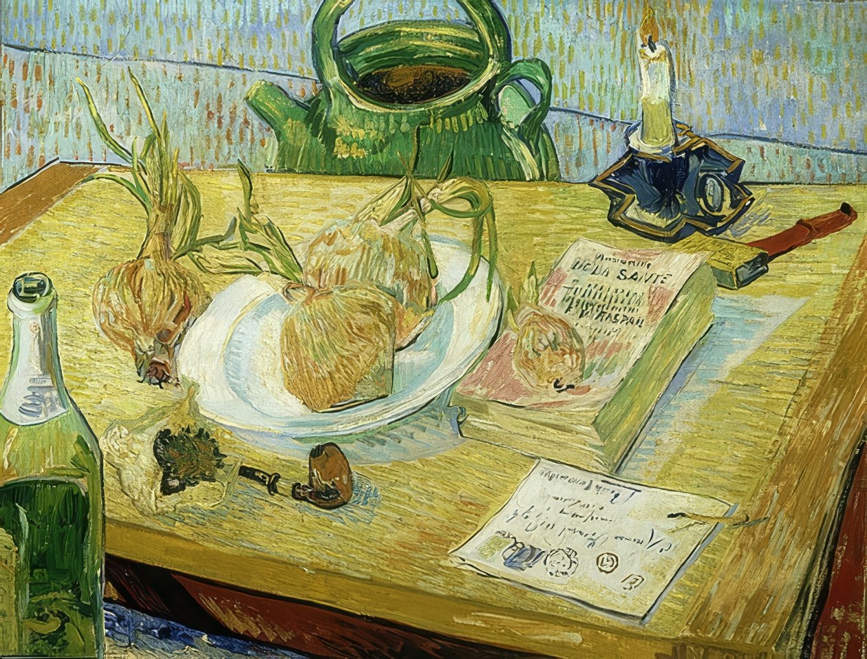 Stilleben med tegnebrett, pipe, løk og tetningsvoks. 1889 av Vincent van Gogh