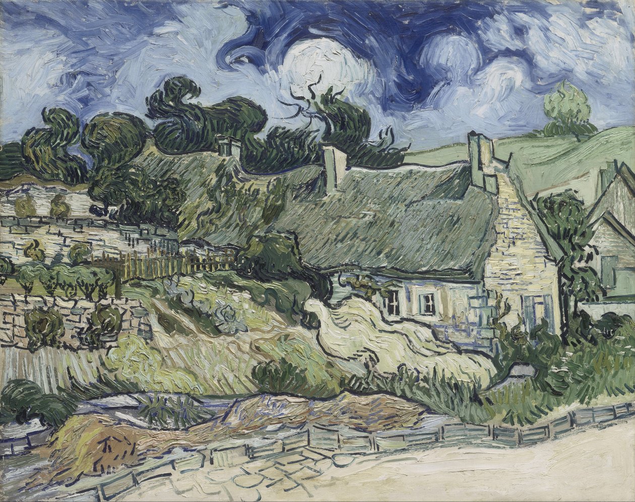 Hytter med stråtak i Cordeville, 1890 av Vincent van Gogh