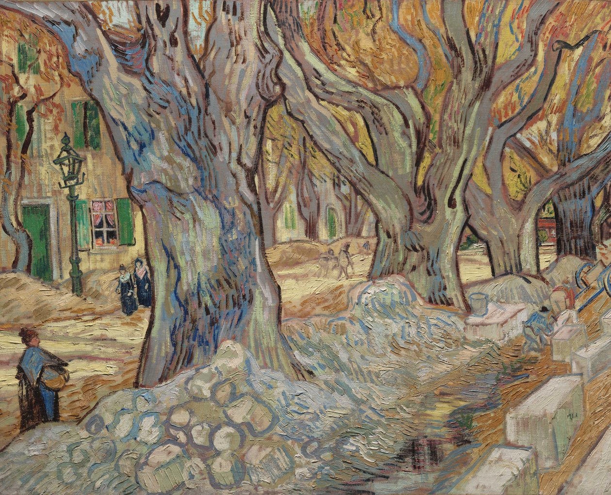 De store platantrærne, eller Road Menders ved Saint-Rémy, 1889 av Vincent van Gogh