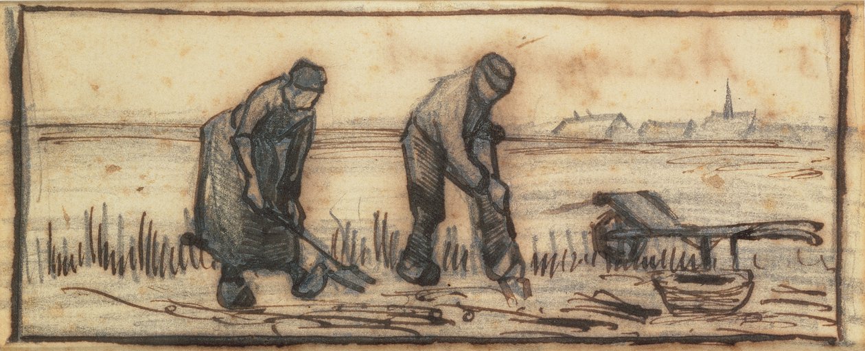 Potethøsten, fra en serie på fire tegninger som representerer de fire årstidene (blyant, penn og brunt blekk på papir) (se også 61643-5) av Vincent van Gogh