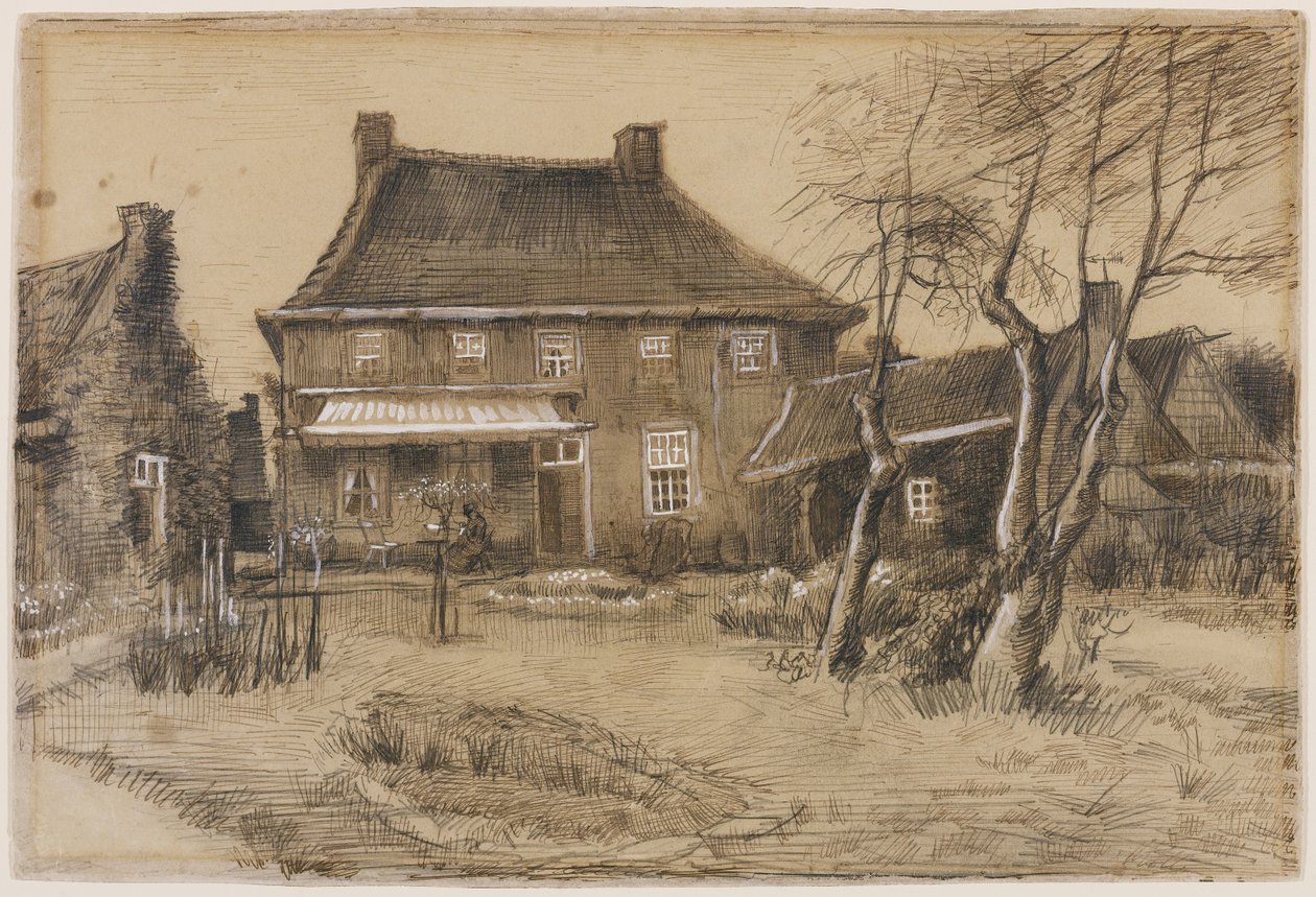 Prestegården i Neunen: Sett fra baksiden, med kunstnerstudioet til høyre, ca. 1884 (grafitt, penn og brunt blekk, brun vask, forsterket med hvitt på vevd papir) av Vincent van Gogh