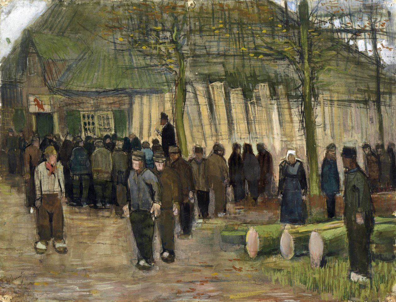 Tømmersalg (vente de bois) av Gogh, Vincent, varebil (1853-1890). Kritt, akvarell, penn og blekk på papir, størrelse: 34,9x44,8 av Vincent van Gogh