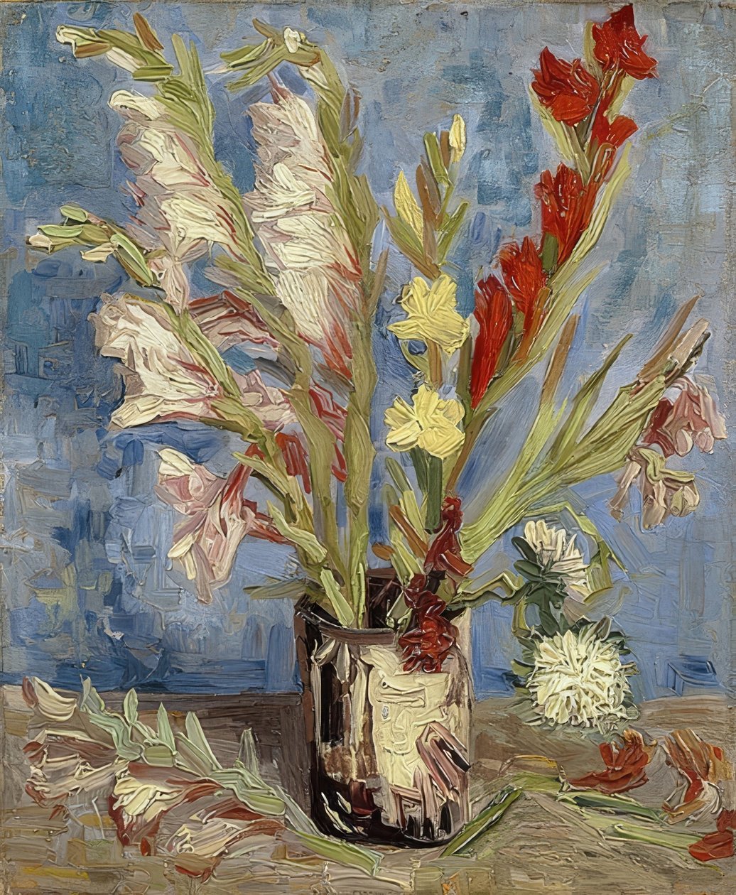 Vase med gladioler og asters. 1886 av Vincent van Gogh