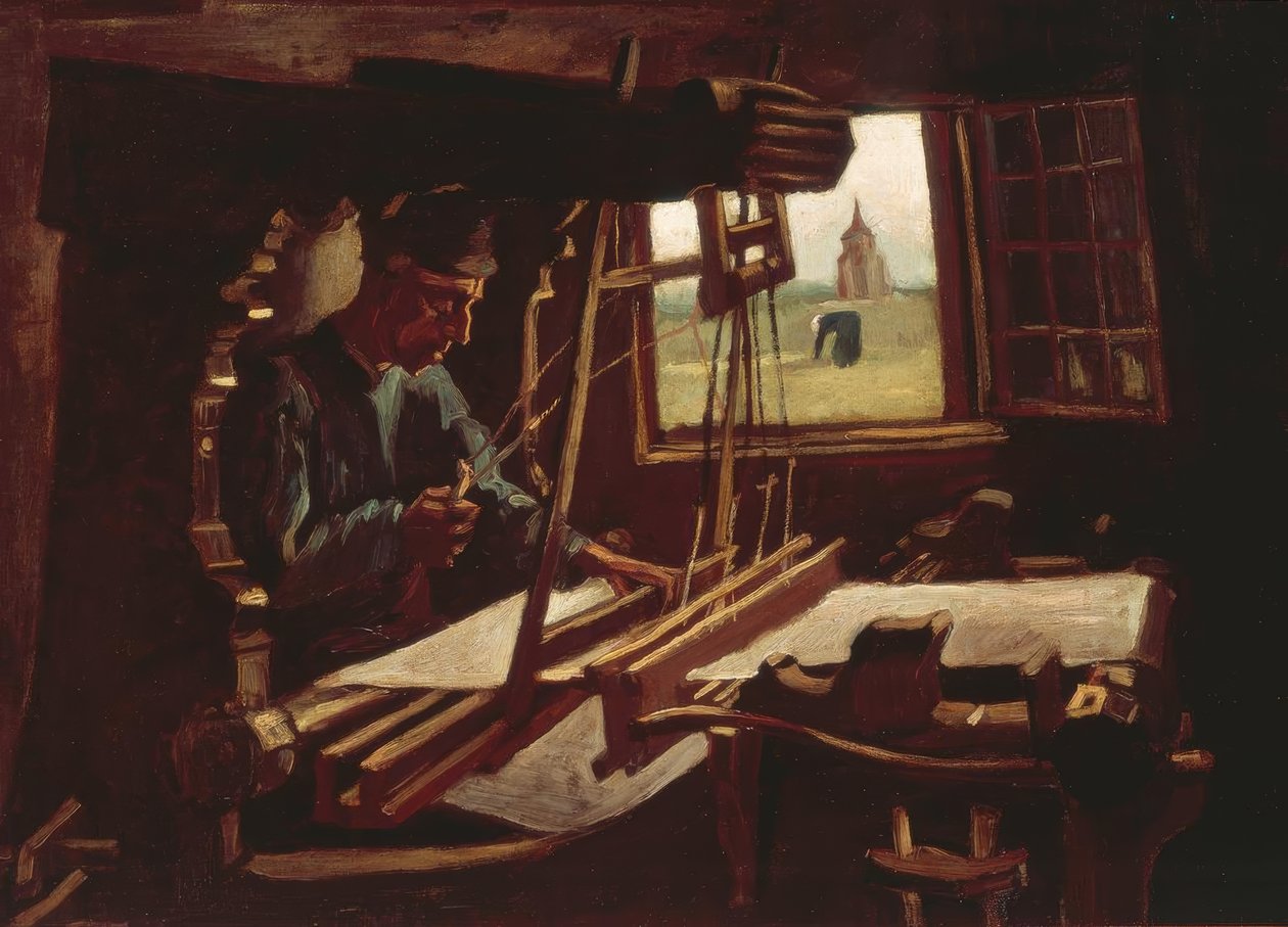 Weber foran et åpent vindu med utsikt over tårnet i Nuenen av Vincent van Gogh